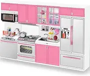 Deluxe My Modern Dolls Kitchen Mini Playset in Pink, 4-Piece Doll-Sized Kitchen Toys Pretend Play House Appliance Set & Accessories with Lights, Sounds