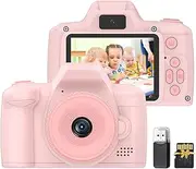 1080P Digital Camera Digital Video Camera for Dual Lens 2.4 Inch IPS Screen Game Playing Music Listening Built-in Battery with Neck Strap 32GB TF Card USB Card Reader Birthday Pink