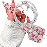 Flower Garden Cable Protector for iPhone Charger,Cute Colorful Blossoms Design,Soft Charger Cover Charging Cord Protector,Wire Cord Saver for iPhone 14 15 16 Pro Max-Pink
