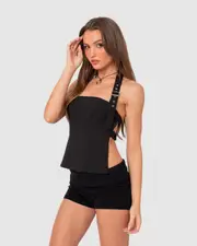 EDIKTED Womens Buckle Strap Open Back Top BLACK
