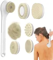 Electric Body Brushs, Electric Shower Scrubber, Long Handle Body wash applicator, 6 Shower Brush Heads Rechargeable Back Scrubber,IPX7,360° Dual Rotation,3-Speed Exfoliating & Massaging Brush (White)