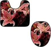 Toilet Lid Cover and U-Shaped Toilet Floor Mat Set of 2 Pieces, Pink Lily Lilies Flowers Toilet Mat Set, Machine Washable Seat Covers Non-Slip Absorbent Rugs