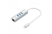 SIMPLECOM CHN421 Silver Aluminium USB-C to 3 Port USB HUB with Gigabit Ethernet Adapter - CBAT-USBCLAN