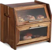 Bread Box, Double Layer Acacia Wooden Bread Bin with Clear Acrylic Door Panel, A