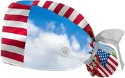 [WOSHJIUK] Working Hat 2 Pack Scrub Caps for Women,American Flag and Flowers,Tie Back Cap Adjustable Scrub Hat