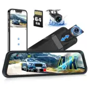 4K WiFi Mirror Dash Cam, 9.66" Rear View Mirror Camera with 64GB Card, Dash C...
