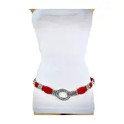 Women Red Elastic Waistband Thin Belt Silver Metal Charms Bling Oval Buckle S M
