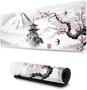 Japanese Cherry Blossom White Gaming Mouse Pad XL, Extended Large Mouse Mat Desk Pad, Stitched Edges Mousepad, Long Nonslip Rubber Base Mice Pad, 31.5 X 11.8 Inch