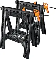 WORX Clamping Sawhorse Pair with Bar Clamps, Built-in Shelf and Cord Hooks – WX065 [International Version]