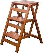 Step Ladder 3 Step Ladder Stool, Foldable Solid Wood Ladder, Portable Lightweight Stepladder with Anti-Slip Wide Pedal, Wide Step Stool for Library Office Home 330lbs Folding Step Stool(Brown)