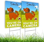 2 PC Smile You're On Camera Signs - 8x12 Double Sided Coroplast No Dog Poop Signs For Yard - Clean Up After Your Dog Sign