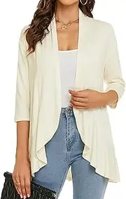 GDKRTNAJ Women's Casual Lightweight Open Front Cardigans Solid Color Soft Draped Ruffles 3/4 Sleeve Cardigan Top