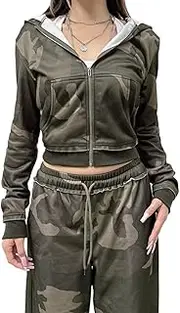 [Best Rose] Camo Two Piece Sets Zipper Jacket Loose Elastic Waist Drawstring Pants Streetwear Low Waist Lounge Tracksuit