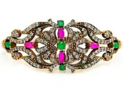 Ottoman Empire Style 5CT Treated Emerald 925 Sterling Silver Bracelet PT1