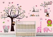 DEKOSH Pink Jungle Theme Girl Nursery Wall Decal Featuring Large Tree Owl and Butterflies Peel and Stick Wall Sticker Set for Kids Room Décor