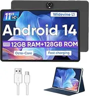 Android 14 Tablet,11 Inch Tablets with Octa Core Processor, 12GB RAM + 128GB ROM 1TB Expand, Widevine L1, 8000mAh Battery, 2.4/5Ghz Dual Band WiFi/GPS/FM Radio,5/8MP Cameras, Case Included - Black
