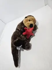 Aurora Sea Otter Brown Holding Red Starfish Small Plush Stuffed Animal 10”