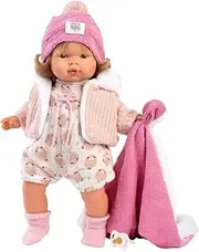 Llorens 1038572 Lola Doll with Grey Eyes and Blonde Hair, Soft Body Baby Doll with Knitted Outfit with Hat and Pink Cuddly Blanket, 38 cm