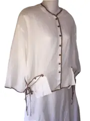 KLEEN White Linen Shirt Size Large Boxy Lagenlook Blouse Ribbon Pockets Top
