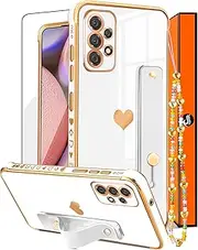 [Likiyami] (3in1 for Samsung Galaxy A53 5G Case Heart Women Girls Cute Girly Aesthetic Trendy Luxury Pretty with Strap Stand White and Gold Plating Love Hearts Cover+Screen+Chain for A53 5G
