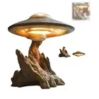 UFO Lamp With Tree Trunk Base, Unique Rechargeable Bedside UFO Desk Lights Decor