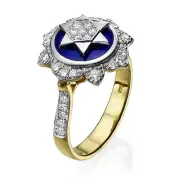 Star of David Jewish Ring 14K Yellow & White Gold & Blue Enamel Diamond Studded