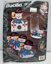 BUCILLA Plastic Canvas Kit - SNOWMAN COASTERS Coaster Set - 5 Coasters + Holder