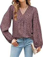 [TELULYOO] Womens Tops Long Sleeve Blouse for Women V Neck Dressy Casual Shirts Leopard Printed Loose Chiffon Tunic
