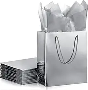 TaoBary 12 Metallic Party Gift Bags 9 x 8 x 4 Inches Paper Shopping Bags with Handles 12 Sheets Silk Paper Gift Wrapping Paper for Birthday Weddings(Silver)