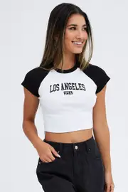 Black Tee Contrast Short Sleeve Round Neck Graphic - Size M, Women's Graphic Tee
