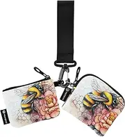 [XYMZR] Mini Zip Around Wristlet keychain Wallet Watercolor Bee Flower for Women Personalized Pattern Detachable Dual Pouch Wristlet Portable Wallet Phone Coin Purse, Multi-colored, One Size