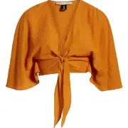 THE EAST ORDER Textured Tie-front Batwing Crop Top Women's Mustard Yellow Crop