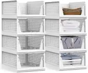 Stackable Storage Bins,8 Pack Foldable Plastic Wardrobe Clothes Organizer Drawer