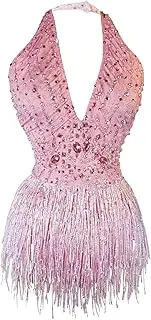 [Youmeisha] Sparkly Rhinestones Sexy Backless Deep V-Neck Fringes Bodysuit Nightclub Party Ds Show Birthday Team Dance Costumes