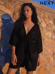 Black Sequin Palm Detail Playsuit (AH4001) | $141