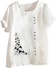[Generic] Womens Long Sleeve Tees T Shirt Boho Tanic Size Tops Womens Linen Loose Daily Blouse Plus Button Casual Women's Blouse Hiking Shirts Women (White-2, XL)