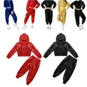 Kids Girls Sequins Jazz Costume Outfits Street Hip Hop Dancewear Tops Pants Set