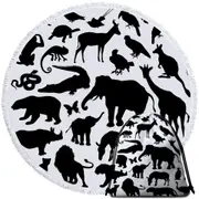 Black and White Animals Silhouettes Round Beach Towel