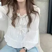 Ruffle Trim Square-Neck Long-Sleeve Blouse White - S