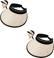[SHERCHPRY] 2pcs Straw Hat Straw Visor Hat Floppy Straw Sun Hat Wide Brim Hat Solar Visor Hat Hollow Top Sun Hat for Women Beach Hats for Women Travel Cap Large Sun Hat Cotton Linen