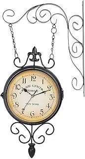 Outdoor Garden Hanging Clock, Easy Read Two Faces Retro Station Clock for Patio Porch Garden Outdoor Decorative Double-Sided Resin Clock Thermometer Wall Hanging