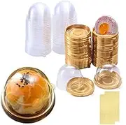 Jindizi Mini Cupcake Box with Clear Plastic Cupcakes, 100 Sets Containers Muffin Mooncake Holder Individual Dessert Containers with Dome Lid Disposable Cookie Single Box, Round Pod Dome Boxes (Gold)
