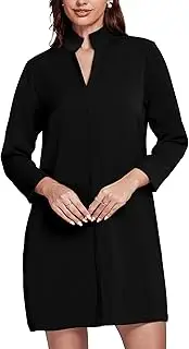 [EZAPINE] Womens Shift Mini Dress Mock V Neck 3/4 Sleeve Retro Elegant Formal Work Dresses with Pockets