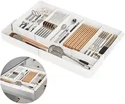 Cutlery Drawer Organiser - Expandable Plastic Cutlery Tray for Kitchen, Adjustable Silverware & Utensil Organiser, White (Fits Knives, Forks, Spoons, Gadgets)