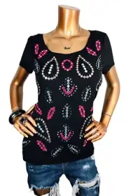 DKNY M Top Stretch NWT $245 Lined Studded Shiny Embroidered Blouse Soft Lite Wgt