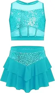 [Loodgao] Kids Girls Modern Dance Costumes 2 Piece Shiny Sequins Crop Top And Tutu Skirts Latin Jazz Dancewear