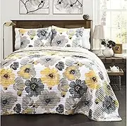 Lush Decor Leah Quilt 3 Piece Set, Full/Queen, Yellow/Gray