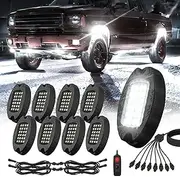 8 Pods Metal LED White Rock Lights for Truck Trailer Offroad ATV SUV UTV RZR, Alloy 6000K 24 LEDs Pure White Neon Underglow Light with Switch Extension Harness Under Trail Rig Fender Lighting