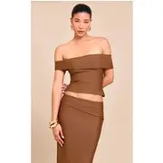 Deep Chocolate Tailored Bandage Knit Fold Over Asymmetric Top, Deep Chocolate