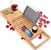 Bamboo Bath Caddy Tray Wooden Bathtub Adjustable Holder & Organizer for Glass/So